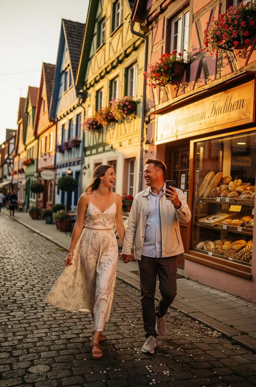 Historische Kopfsteinpflasterstraße mit bunten Häusern und kleinen Cafés, ideal für einen entspannten Stadtbummel.